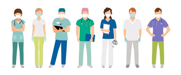 Medical staff in protective face masks. Doctors and nurses characters wearing respirators and gloves. Hospital team virus prevention and protection vector illustration