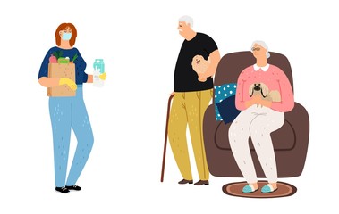 Volunteering concept. Elderly couple meeting girl with food. Distance delivery, social help to old people. Grandparents and young woman vector illustration