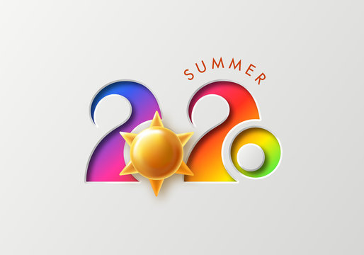 Summer 2020 background with cut numbers and Golden sun.Vector illustration for postcard, banner, poster and other design