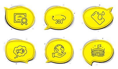360 degrees sign. Diploma certificate, save planet chat bubbles. Arena, Megaphone and Smartphone waterproof line icons set. Sport stadium, Brand message, Phone. Full rotation. Business set. Vector