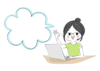 ノートパソコンでテレワークをする女性　吹き出し付き