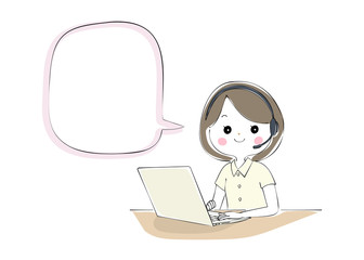 ノートパソコンでテレワークをする女性　吹き出し付き