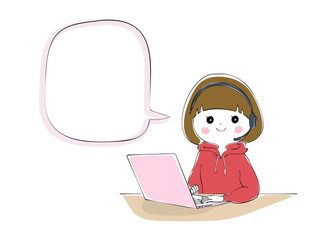 ノートパソコンでテレワークをする女性　吹き出し付き