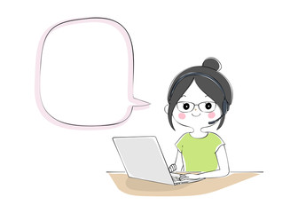 ノートパソコンでテレワークをする女性　吹き出し付き