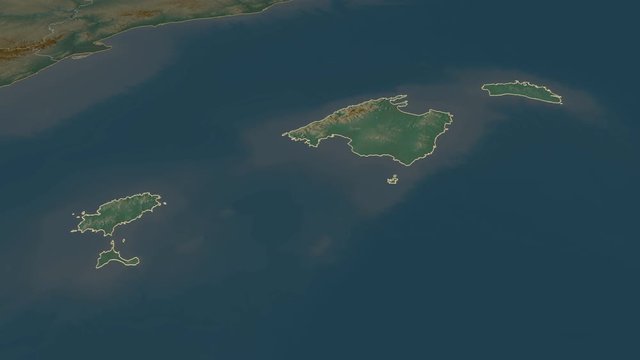 Islas Baleares, autonomous community with its capital, zoomed and extruded on the relief map of Spain in the conformal Stereographic projection. Animation 3D