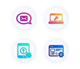 Messenger, Swipe up and Laptop repair icons simple set. Button with halftone dots. Web settings sign. New message, Scrolling screen, Computer service. Engineering tool. Technology set. Vector