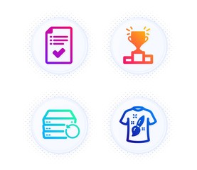 Recovery server, Approved checklist and Winner podium icons simple set. Button with halftone dots. T-shirt design sign. Backup data, Accepted message, Competition results. Painting. Vector