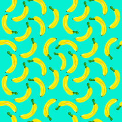 Watercolor seamless pattern of yellow bananas on azure background.
