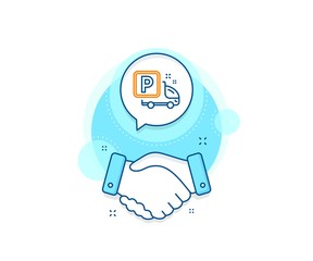 Car park sign. Handshake deal complex icon. Truck parking line icon. Transport place symbol. Agreement shaking hands banner. Truck parking sign. Vector