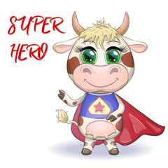 Cute cartoon cow, bull in a costume of hero with a red cloak, symbol 2021 on the eastern calendar.