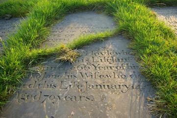 Broken tombstone with grass