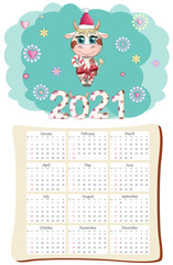 White ox calendar or planner for 2021 with cartoon bull, new year symbol, cover and 12 monthly pages