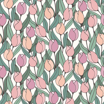 Seamless pattern of layered abstract pink and purple tulips.
