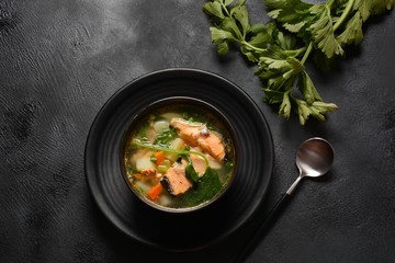 Fresh fish soup on black background