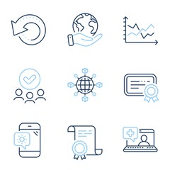 Certificate, Medical help and Diagram chart line icons set. Diploma certificate, save planet, group of people. Recovery data, Weather phone and Logistics network signs. Vector