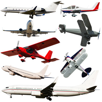Passenger airplanes, gliders, gyroplanes, aircrafts  isolated