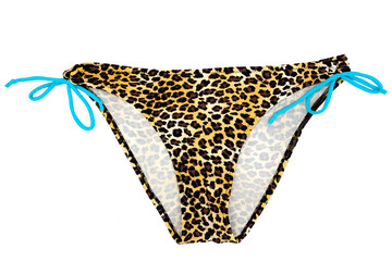 Multi-colored leopard bathing women's panties with ties isolated on a white background.
