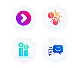Forward, Ab testing and Time management icons simple set. Button with halftone dots. Happy emotion sign. Next direction, Test chart, Idea lightbulb. Web chat. Technology set. Vector