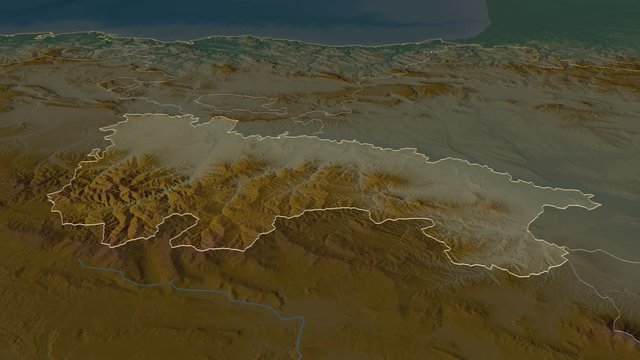 La Rioja, autonomous community with its capital, zoomed and extruded on the relief map of Spain in the conformal Stereographic projection. Animation 3D