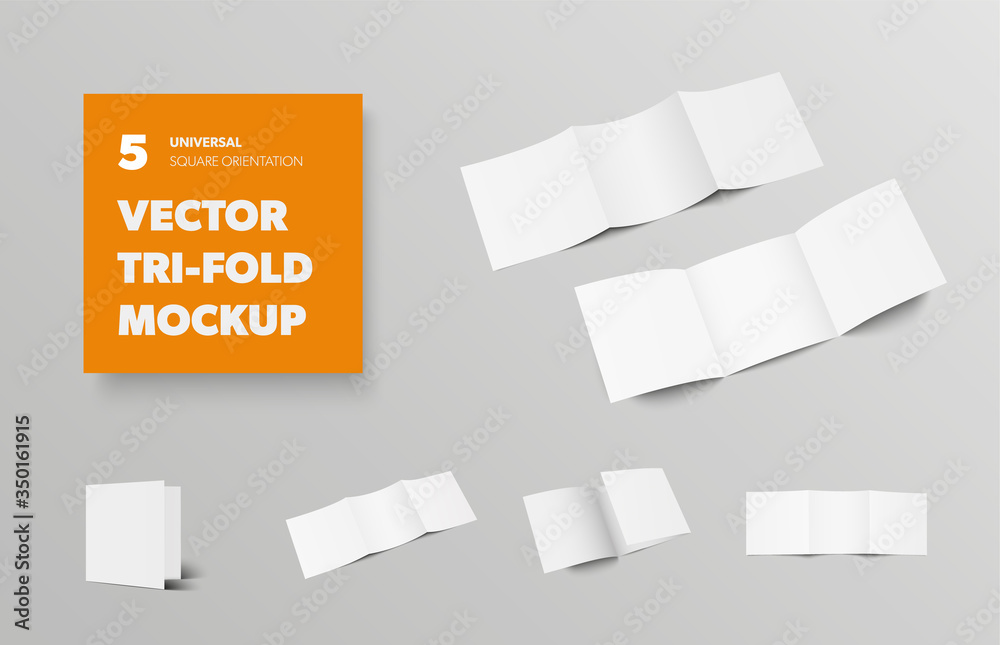 Leinwandbilder mockup of vector square tri-fold, blank open and closed booklets, with realistic shadows, for design