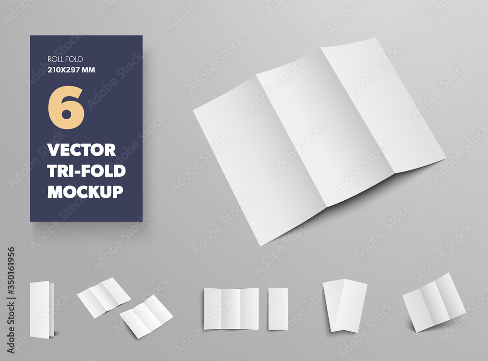 Poster mockup of vector tri-fold, white open and closed brochures, for design presentation.
