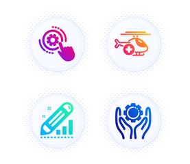 Medical helicopter, Cogwheel settings and Edit statistics icons simple set. Button with halftone dots. Employee hand sign. Sky transport, Engineering tool, Seo manage. Work gear. Science set. Vector