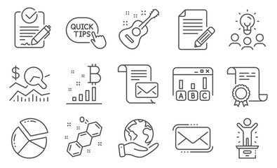 Set of Education icons, such as Messenger mail, Mail letter. Diploma, ideas, save planet. Article, Bitcoin graph, Survey results. Rfp, Quick tips, Chemical formula. Vector