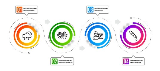 Fair trade, Snow weather and Success business line icons set. Infographic timeline. Chemistry pipette sign. Safe nature, Snowflake, Growth chart. Laboratory. Science set. Vector