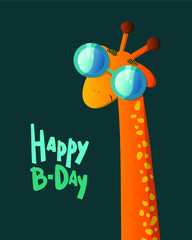  Cartoon giraffe head in glasses in hand-drawn style on a dark blue background with lettering . Happy birthday greeting card. Vector stock flat illustration. Children's Design T-shirts.