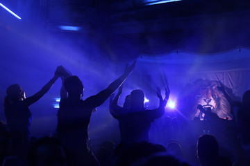 Fototapeta na wymiar People Raising hands against blue smoky background with light beams during concert and crowd of people dancing.