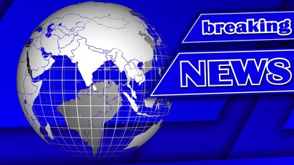 Rotating earth globe in front of moving blue abstract graphic elements and superimposed BREAKING NEWS lettering