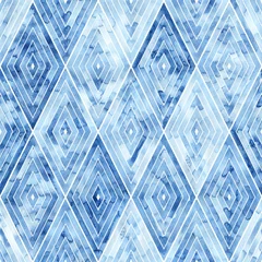 Wallpaper murals Rhombuses Geometric seamless watercolor pattern. Blue rhombuses on a white background. Artistic print for textiles. Handwork. Ornament drawn by brush on paper.
