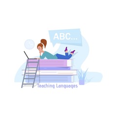 Teaching Languages concept vector illustration. metaphor in illustration is a huge stack of books on which a tiny woman lies and looks into a laptop.