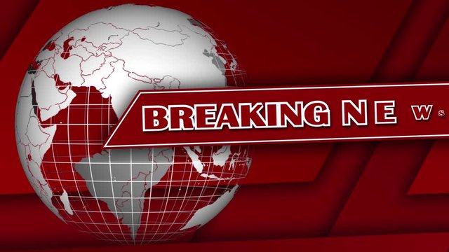 Rotating earth globe in front of moving red abstract graphic elements and superimposed BREAKING NEWS lettering