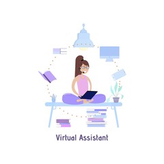 Illustration depicting a woman wearing headphones working at home on a laptop in lotus position.