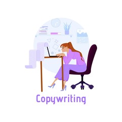 A young girl works remotely, on a laptop, for example, as a copywriter online. Flat design