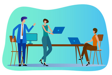 Office people discuss the project. The concept of brainstorming with business colleagues.Flat vector illustration.