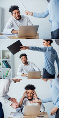 Collage of multiethnic business people quarreling at offended african american colleague in office