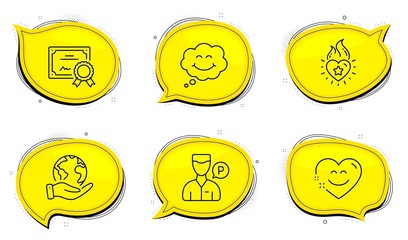 Valet servant sign. Diploma certificate, save planet chat bubbles. Heart flame, Smile and Smile chat line icons set. Love fire, Comic chat, Heart face. Parking man. People set. Vector