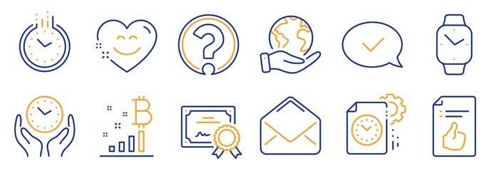 Set of Technology icons, such as Time, Question mark. Certificate, save planet. Project deadline, Bitcoin graph, Mail. Smile chat, Approved message, Approved document. Vector