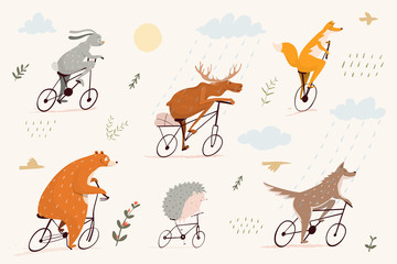 Forest animals riding bicycles in nature with rain, sun and grass, design for children . Bear, wolf, rabbit, moose, hedgehog and fox cycling, wild animals design for kids. Vector flat nursery art.