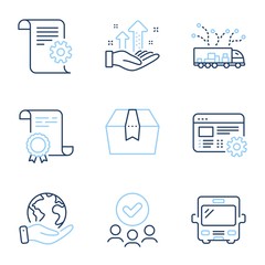 Web settings, Analysis graph and Technical documentation line icons set. Diploma certificate, save planet, group of people. Truck delivery, Bus and Package box signs. Vector