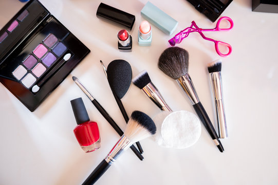 Many professional cosmetics and objects for make up.Cosmetic and personal beauty concept.