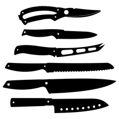 Kitchen knives and scissor vector black silhouettes set isolated on a white background.