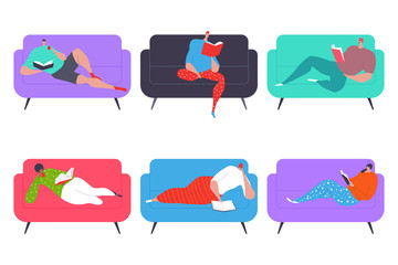 People reading book on a sofa vector cartoon characters set isolated on a white background.