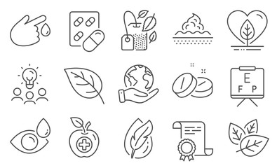 Set of Healthcare icons, such as Mint bag, Medical food. Diploma, ideas, save planet. Capsule pill, Local grown, Hypoallergenic tested. Leaf, Eye drops, Blood donation. Vector