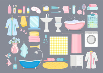Bathroom cartoon elements. Vector bath room interior furniture and hygiene accessories, bath and towel, soap and toothbrush