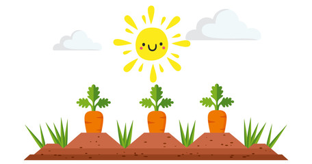 carrot with bush growing in soil. 
Sunny weather. Vector.
