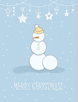 Vector snowman. Merry christmas and happy new year greeting card with copy-space.Happy snowman standing in winter christmas landscape. Snow background