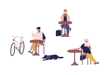 People spending time at street cafe vector flat illustration. Colorful man and woman sit at safety distance in bistro during quarantine isolated on white. Person at coffehouse drink coffee and read